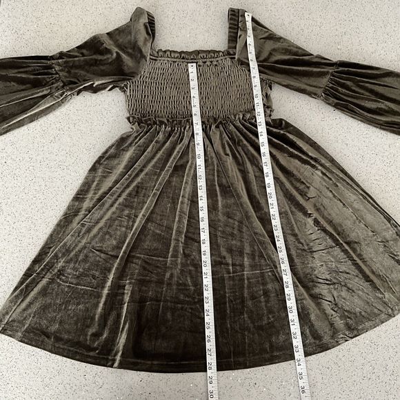 Miss Me Dress Olive Green Velvet Embroidered Bodice Bell Sleeve Mini S - Picture 8 of 12